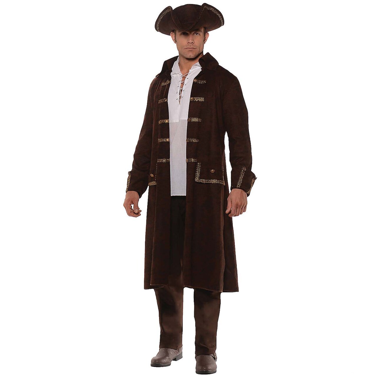 Pirate Coat Set Adult Brown Costume with Tricorn Hat for Halloween